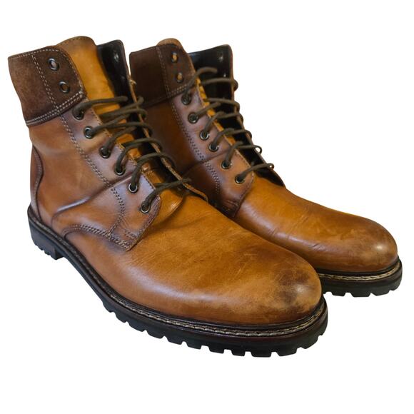 Steve Madden Stratus Tan Brown Distressed Leather Combat Boots EUC  13D - Picture 1 of 12